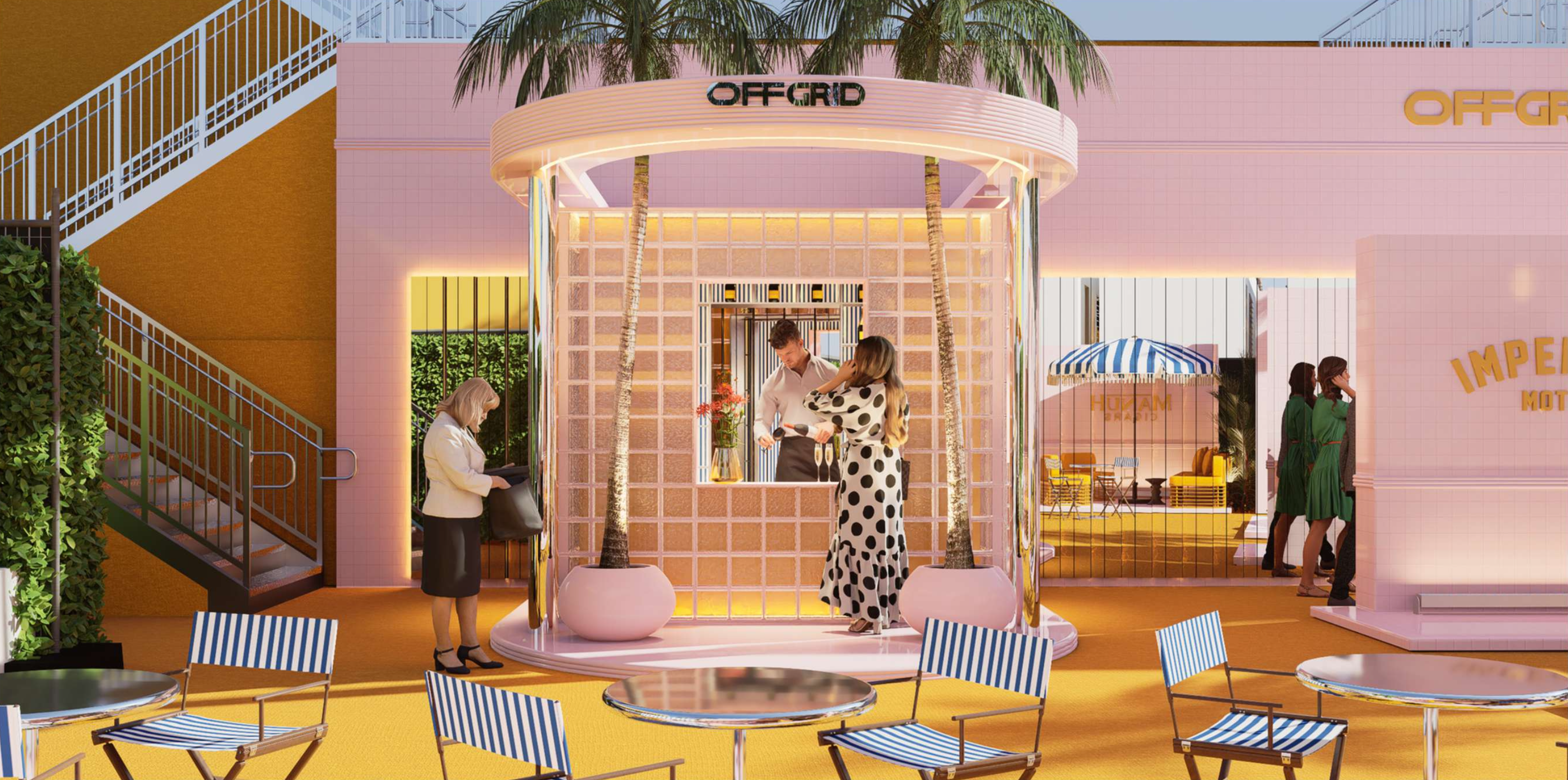 Off Grid venue rendering — entrance perspective